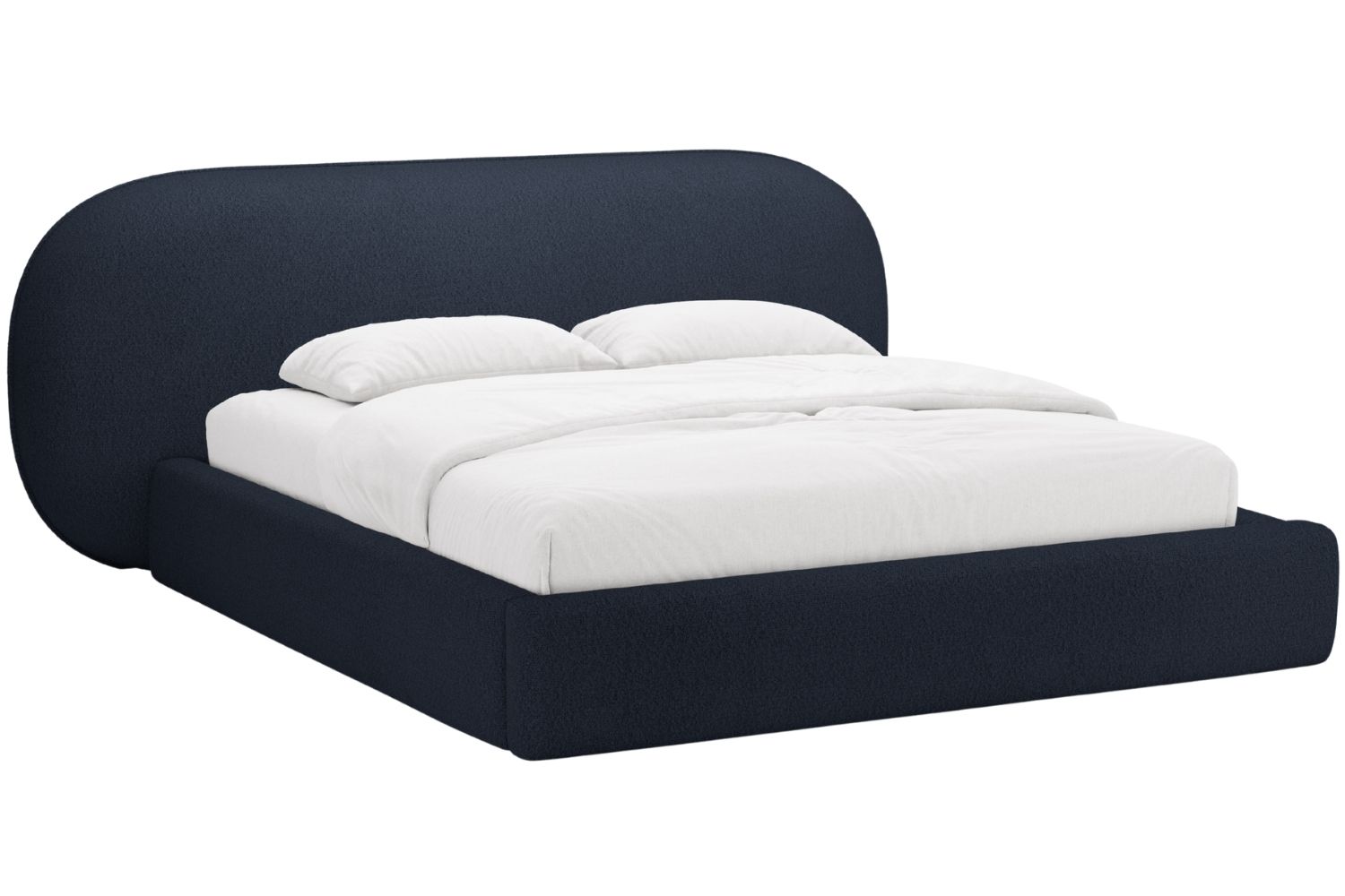 Micadoni Tmavě modrá bouclé dvoulůžková postel Ovalo 160 x 200 cm s úložným prostorem